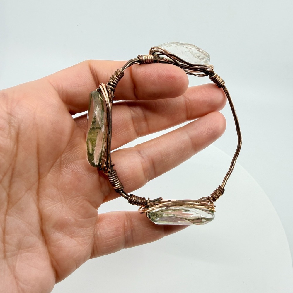 Hand Wired Copper Bangle with Clear Crystal Statement Stones‎ Festival Jewelry